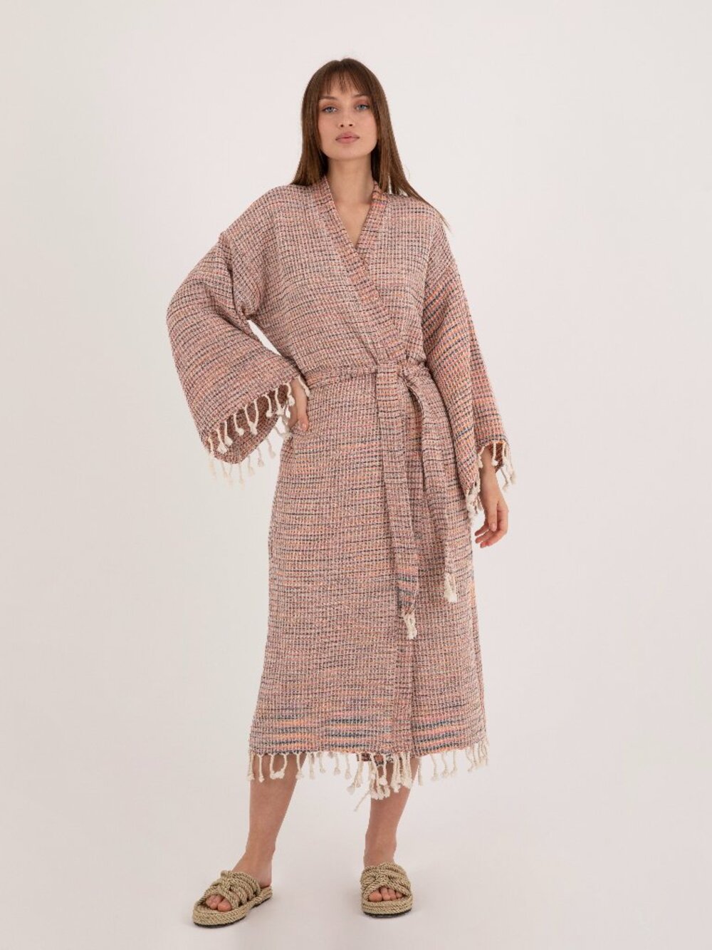 Brown Waffle Weave Turkish Cotton Kimono Robe